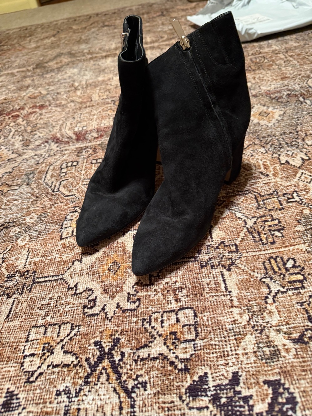 Sam Edelman Black Suede Pointed Toe Block Heel Ankle Boots with Gold Zipper - Picture 6 of 6